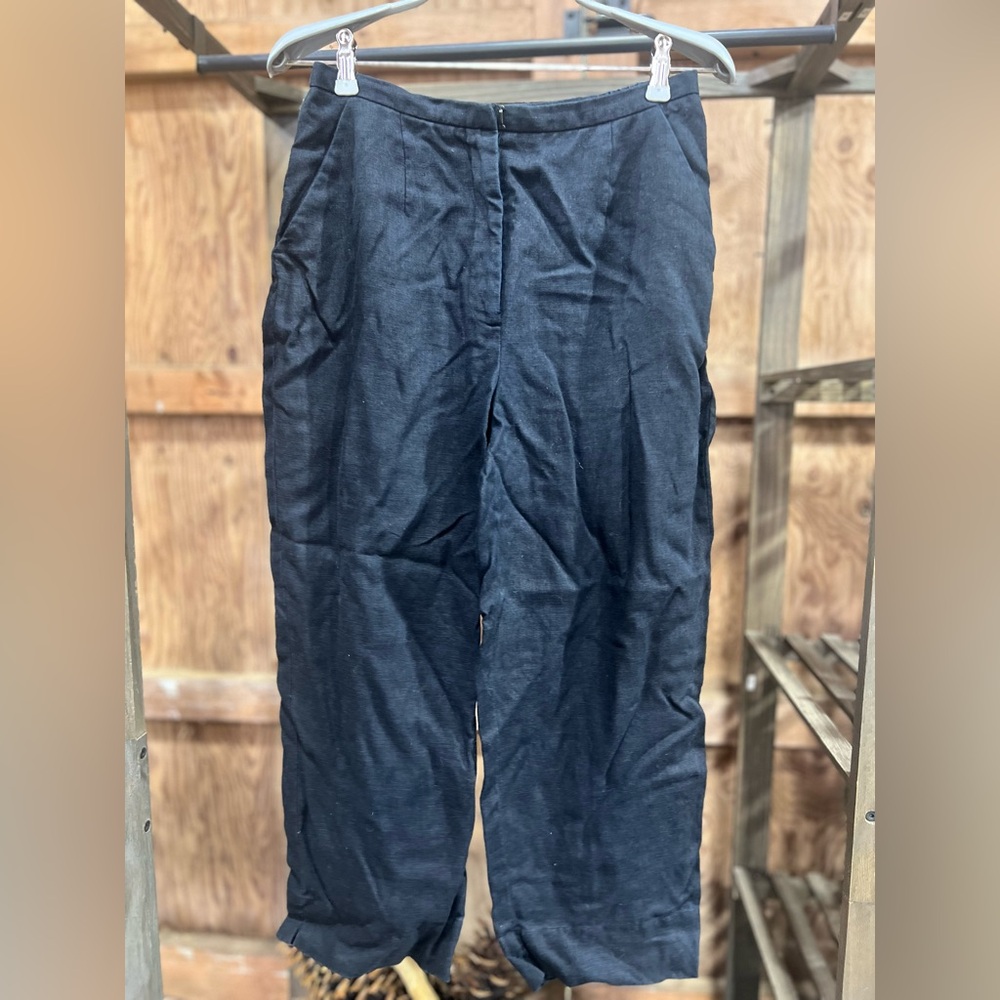 Laura Ashley Black Linen Cropped Pants Pockets High Waist Woman’s Size 6